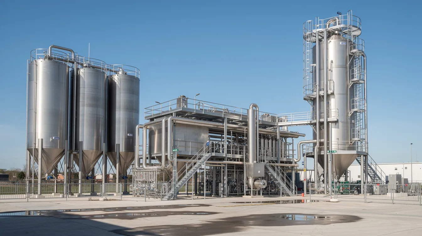 931156ba 5cd6 4e4e 847a 0f76e1266599 The image depicts an industrial dairy processing facility featuring stainless steel silos, extensive piping, and a tall spray dryer tower, all set against a clear blue sky. This facility is designed for the production of high-quality milk powder, showcasing key components of the dairy industry such as cooling towers and heat pumps essential for maintaining product quality and efficiency in the milk powder production process.