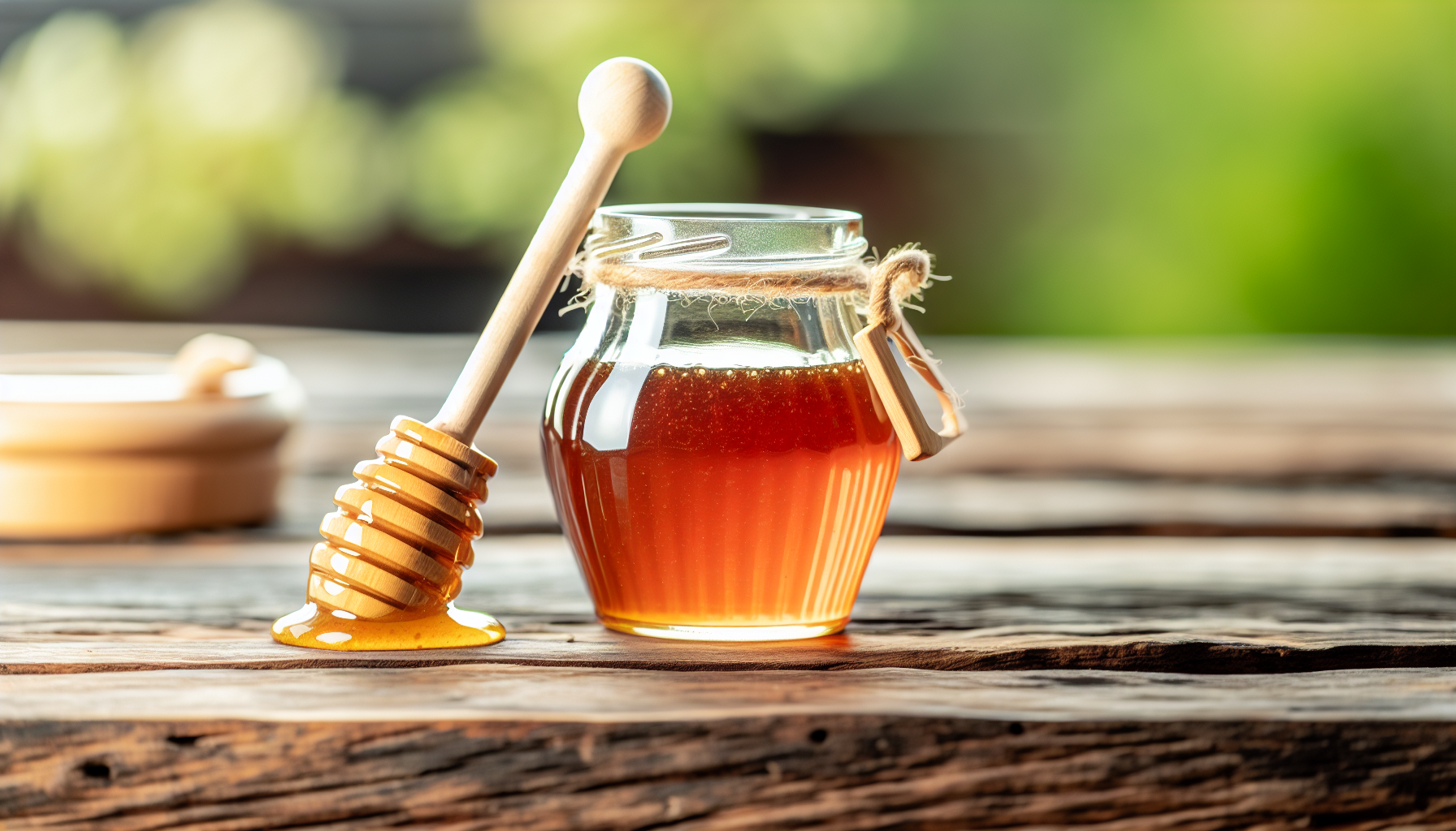 A jar of manuka honey with a wooden honey dipper