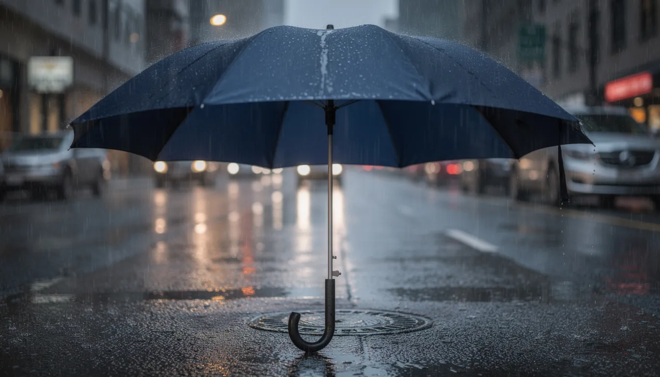 A large, sturdy umbrella stands tall, providing shelter from a downpour, symbolizing protection and security. This image evokes the importance of planning for the future, much like retirement plans that safeguard your finances and ensure a comfortable retirement.