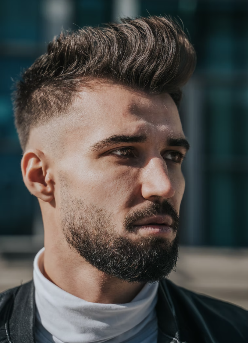 Well-groomed man with beard and faux hawk haircut 