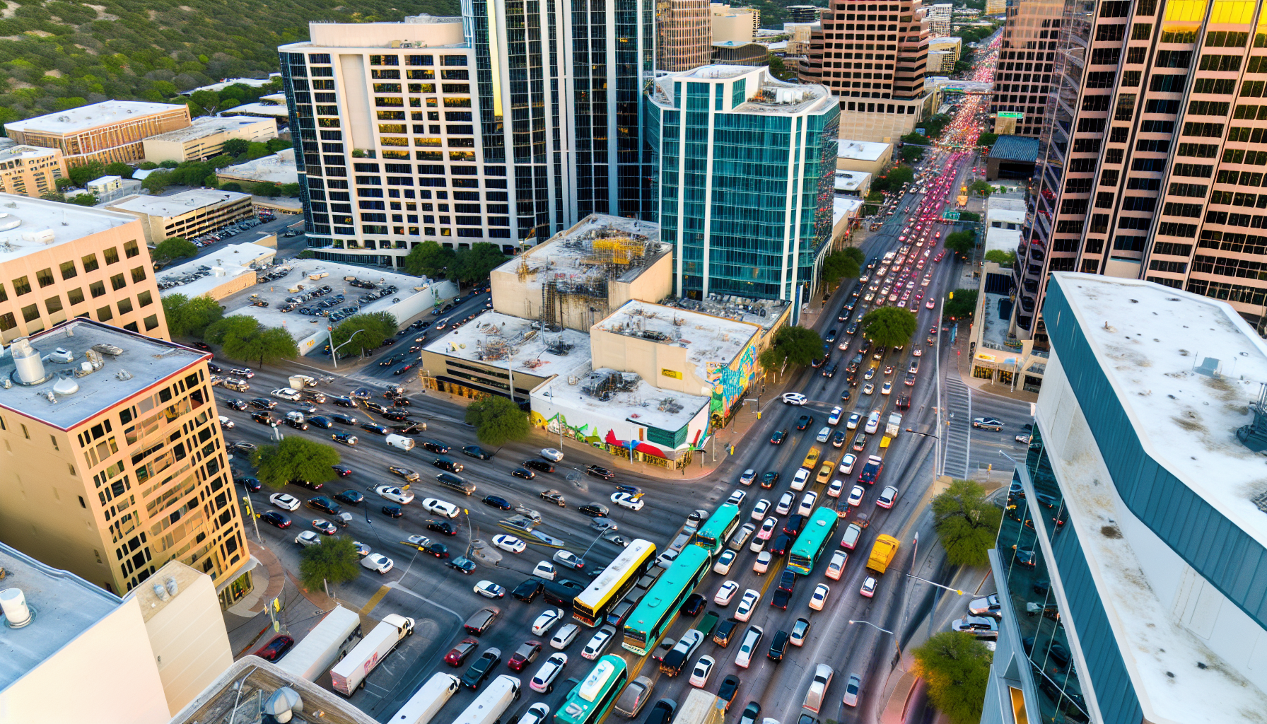 Aerial view of downtown Austin during rush hour