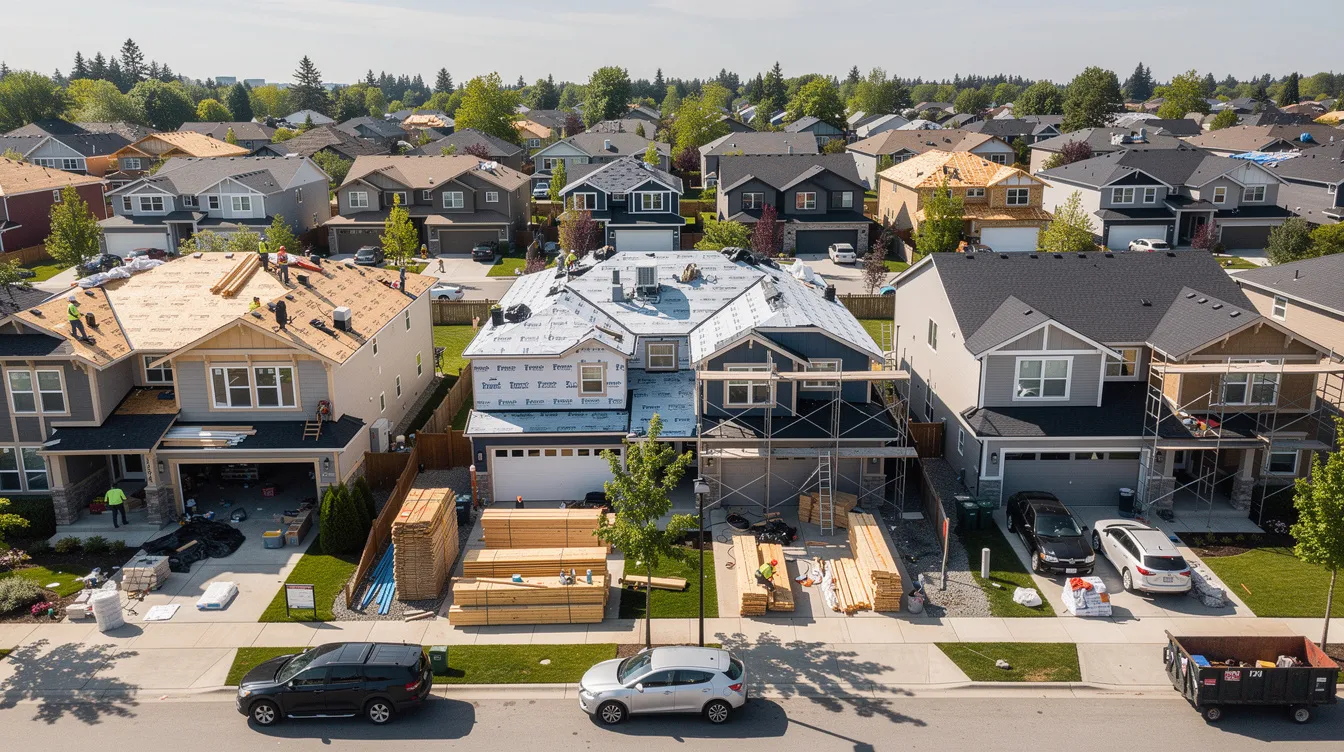 An aerial view of a residential neighborhood showcases several houses undergoing renovation, with construction materials scattered around, indicating active projects. This scene highlights the potential for economic growth in real estate as investors leverage gap financing and bridge loans to enhance property value.