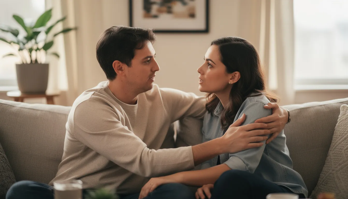 The image shows two people sitting closely together on a couch, engaged in a supportive conversation that emphasizes understanding and motivation. This moment reflects the importance of seeking help for mental health problems, particularly for those dealing with hoarding behavior, as they discuss practical steps to manage clutter and create a more organized life.