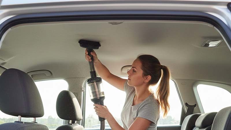 A woman is vacuuming the headliner in a car