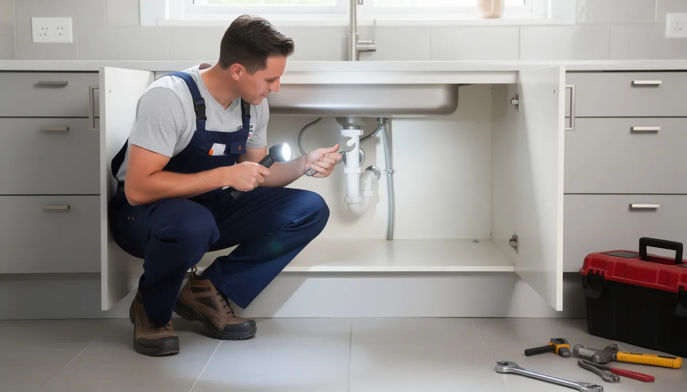 A professional plumber is inspecting a kitchen sink drain using a flashlight and various tools to identify potential drainage problems. The plumber is focused on ensuring proper flow by checking for clogs and debris that could lead to slow drains or blockages in the drain pipes.