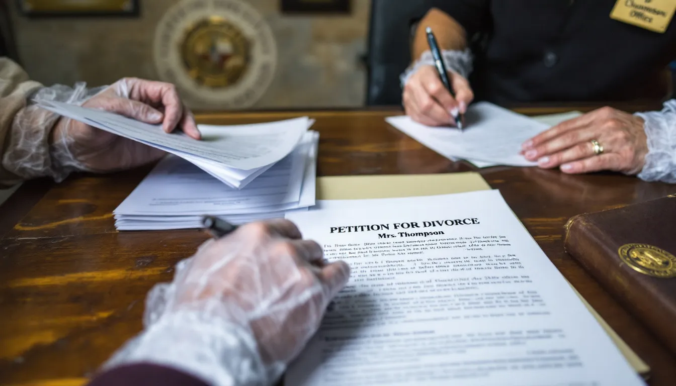 A close-up of divorce papers being filed at a clerk's office in Texas.