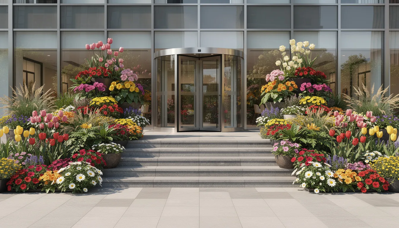 A vibrant display of seasonal flowers greets visitors at the entrance of a commercial building, showcasing the commitment of the landscaping team to enhance the property’s appeal. The colorful arrangement reflects the pride and attention to detail that the company puts into its landscaping services for clients and customers.