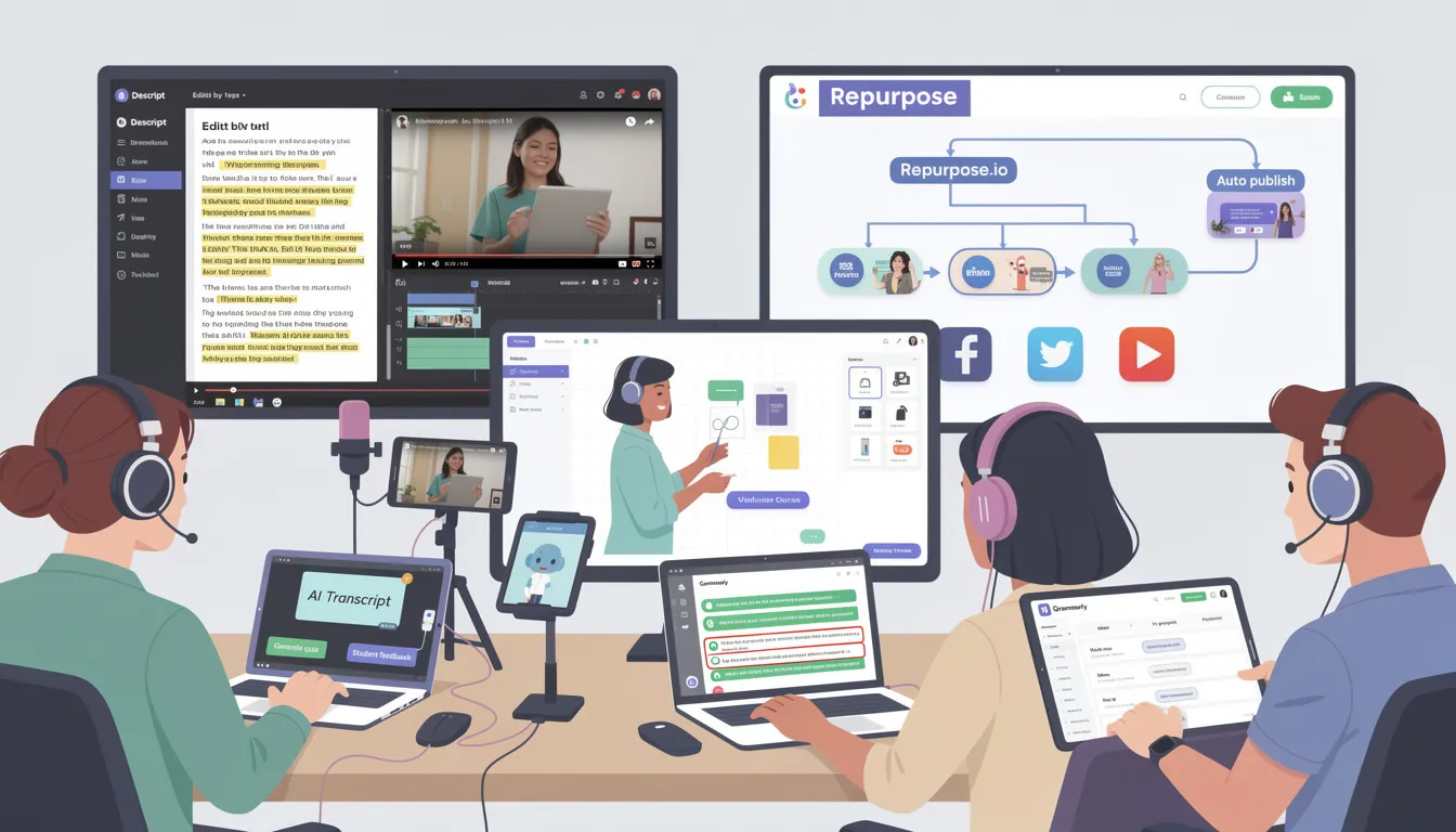 The image showcases a collection of essential software tools for content creation, including video editing software, graphic design applications, and writing assistants. These tools, designed to streamline tasks and enhance productivity for creators, illustrate the importance of technology in the creator economy, enabling effective storytelling and community building.