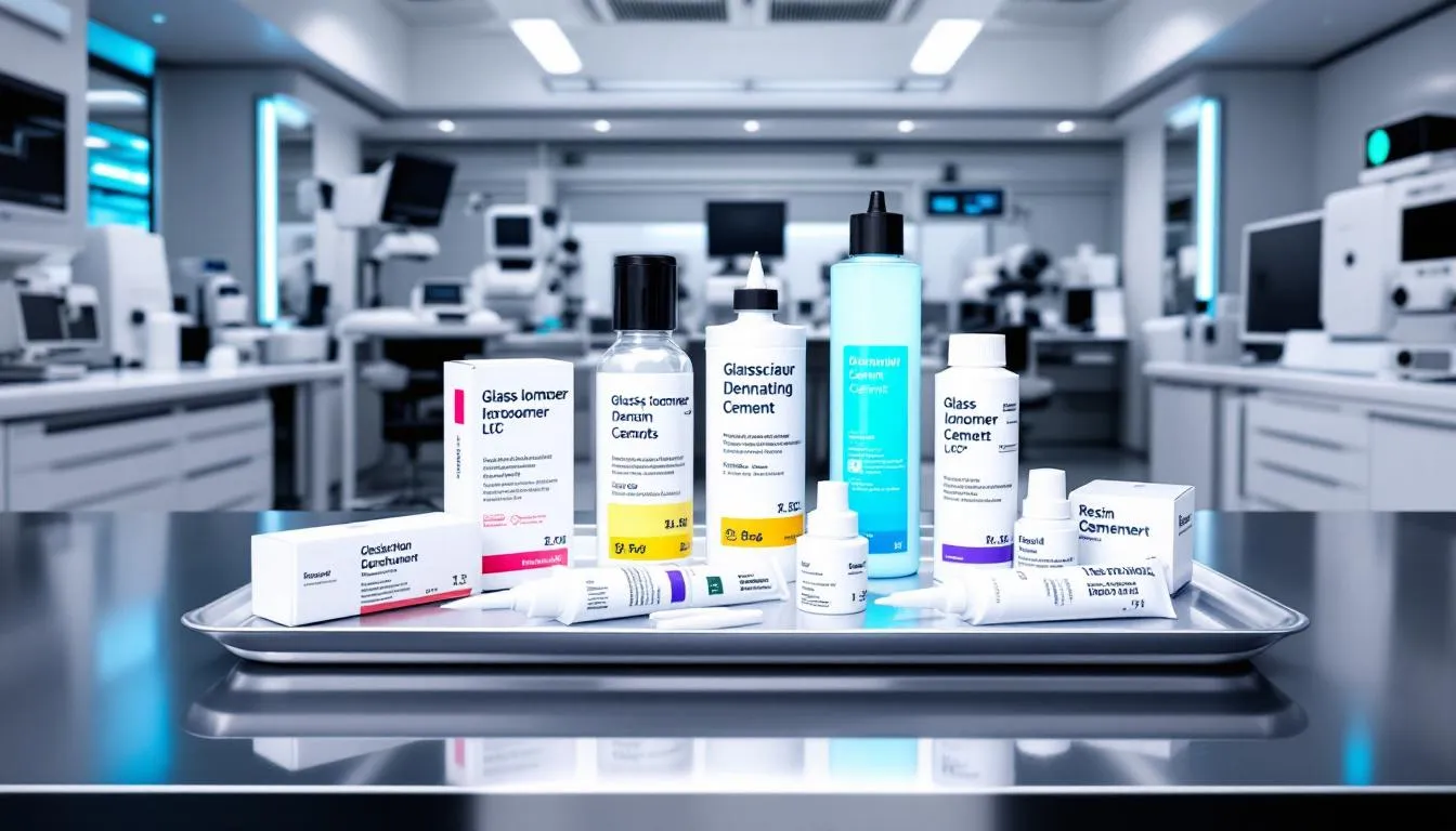 An assortment of dental cements including glass ionomer and resin cements.