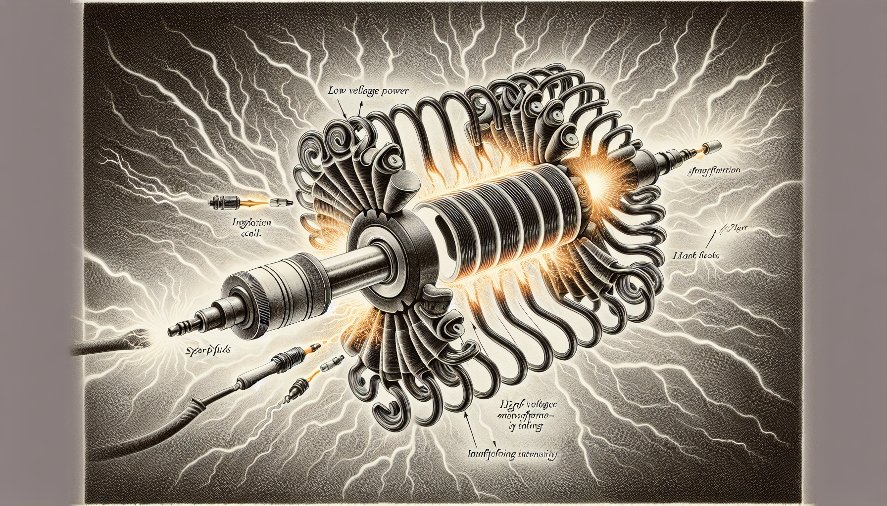 Illustration of an ignition coil transforming low voltage to high voltage