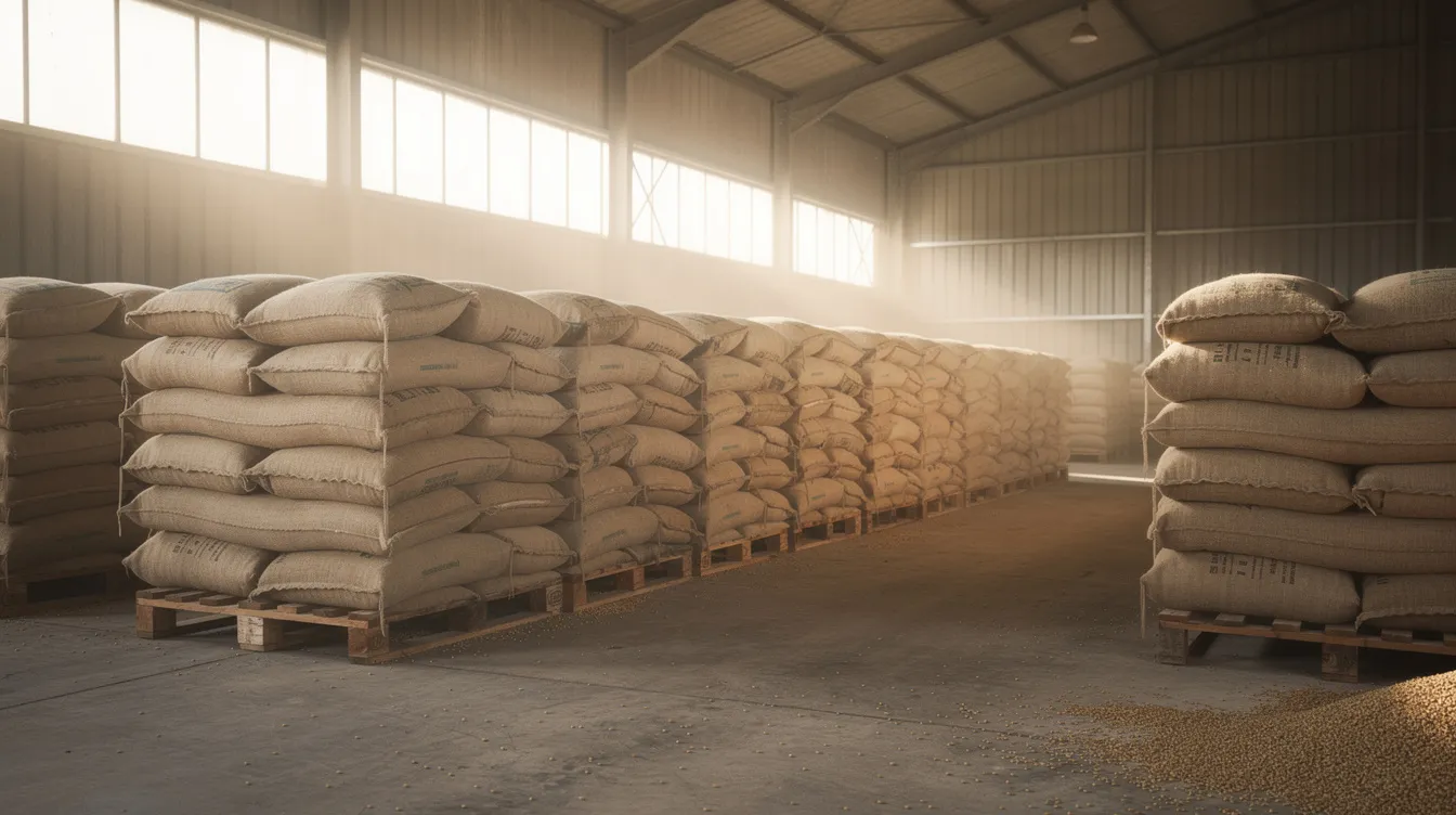 9324577d b84e 4f63 86af 5255618f07db The image shows stacks of grain sacks neatly stored in an agricultural warehouse, highlighting the raw materials essential for food processing industries such as sattu manufacturing. This organized storage reflects the manufacturing process and capacity needed to meet household consumption demands.
