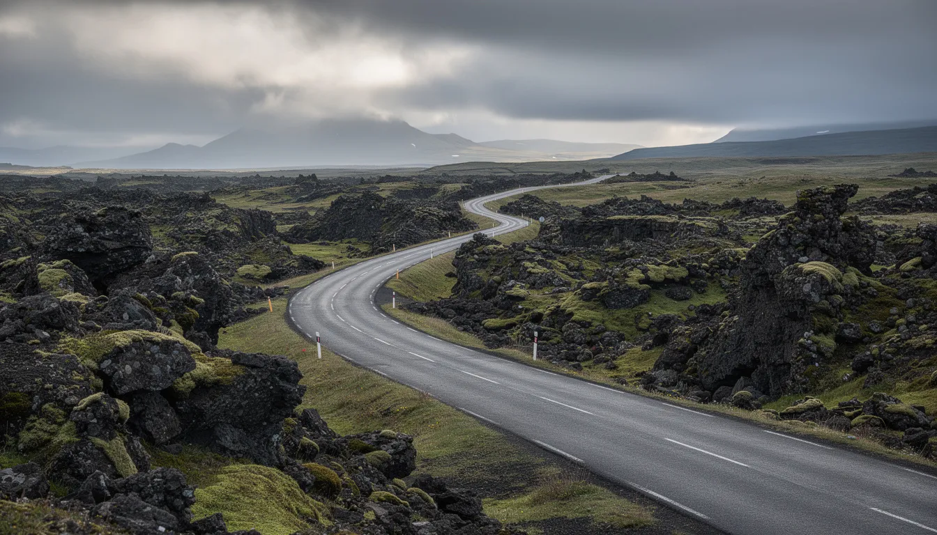 Un paysage islandais spectaculaire montre une route sinueuse serpentant à travers des champs de lave, typiques de l'île. Ce décor naturel, caractérisé par sa beauté sauvage, évoque des possibilités de location de voitures pour explorer les merveilles de l'Islande.