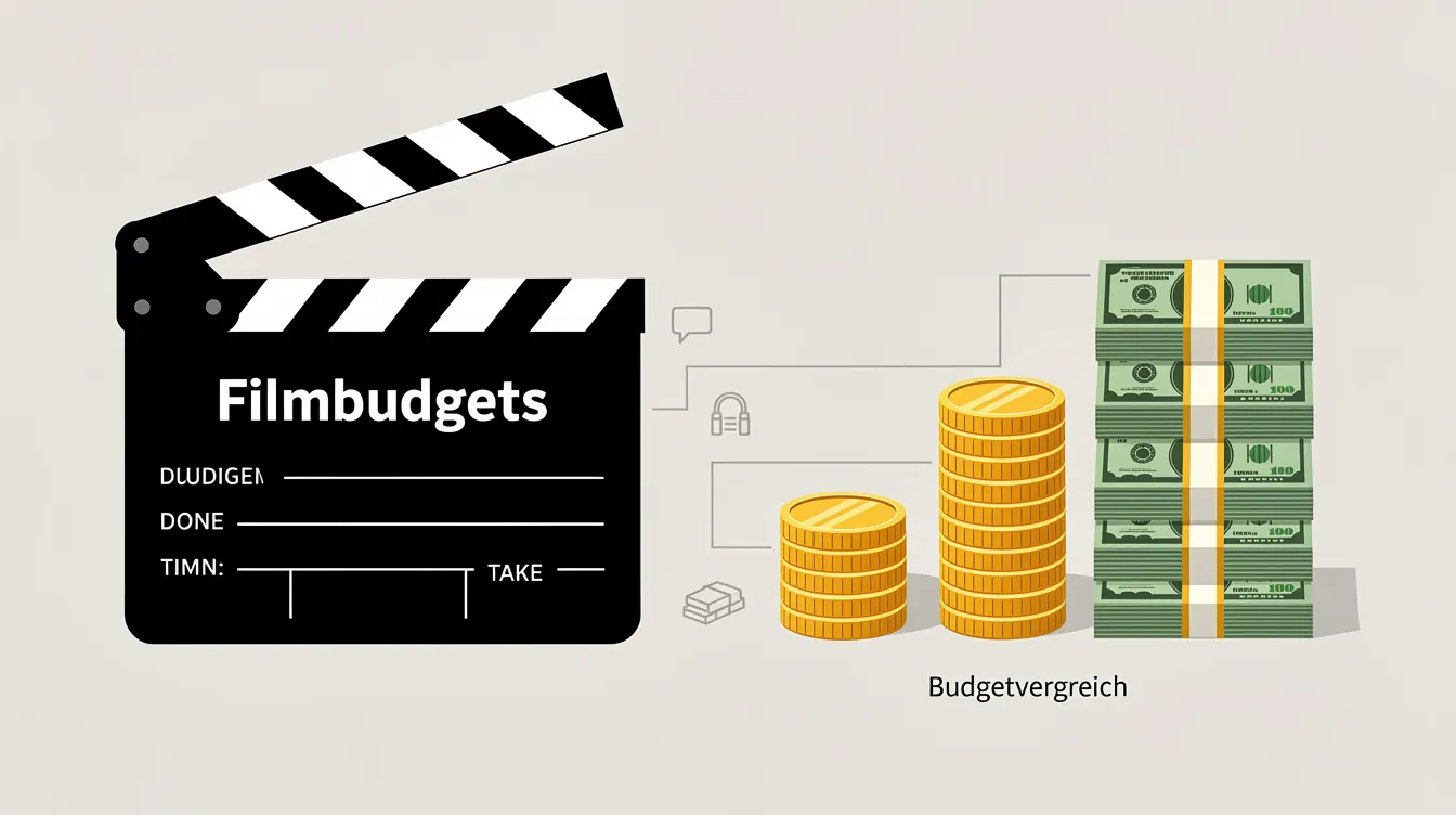 Die Infografik zeigt eine Filmklappe, die neben gestapelten Münzen und Dollarscheinen platziert ist, und symbolisiert das Verhältnis von Filmbudgets in der Filmindustrie. Diese Darstellung verdeutlicht die hohen Produktionskosten der teuersten Filme aller Zeiten, wie "Avatar" und "Star Wars".