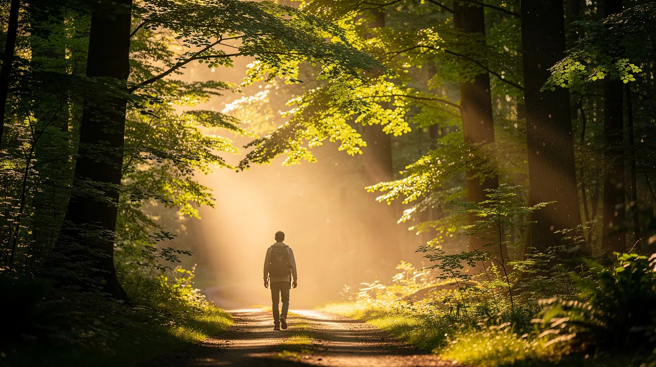 A person is walking along a serene forest trail bathed in morning sunlight, symbolizing the journey of personal growth and recovery from substance use disorders. This peaceful scene reflects the importance of healthy habits and coping mechanisms in achieving a clean and sober life.