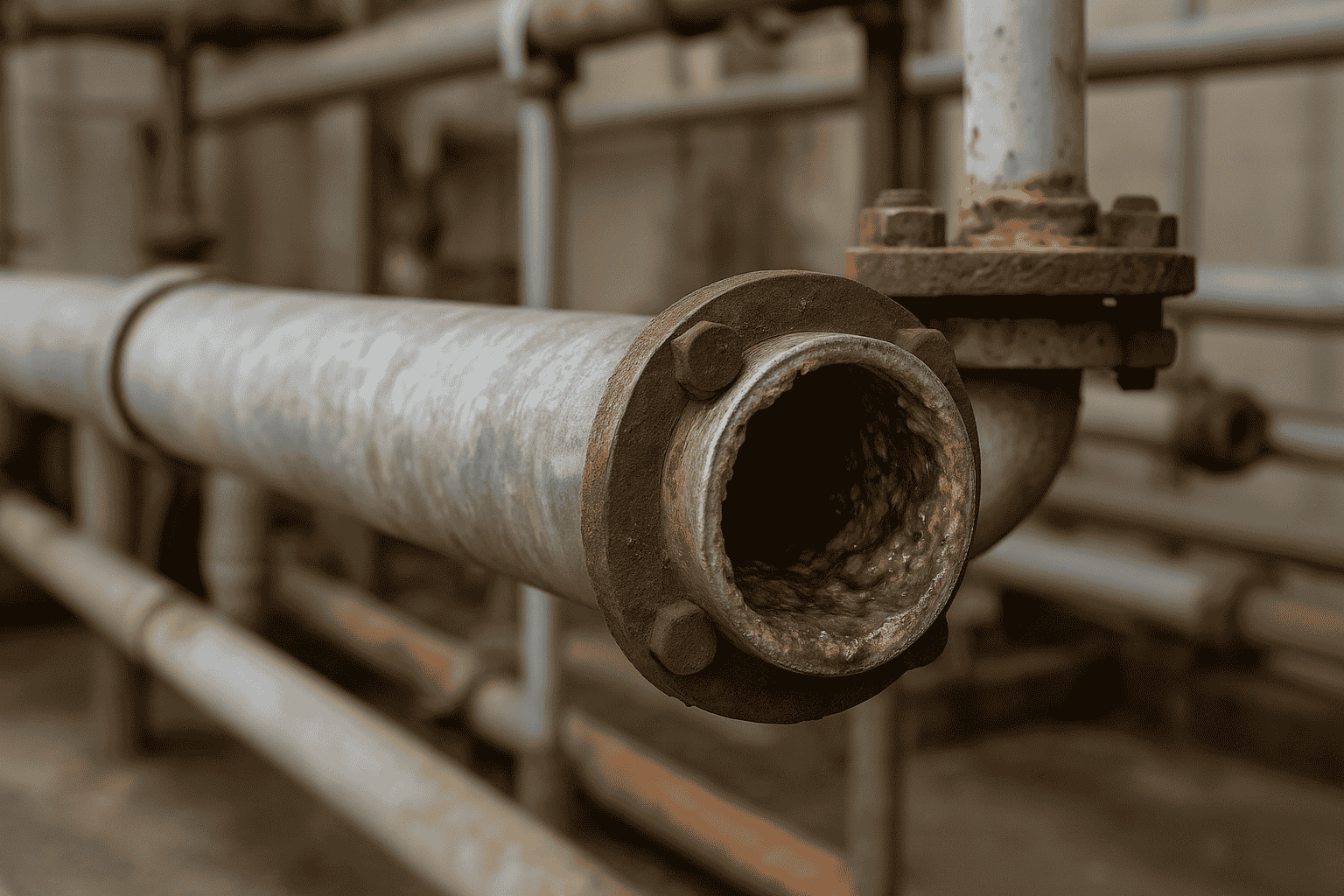 Biofilm in water systems: corroded pipe interior with microbial growth, slime, and deposits reducing water quality in potable water systems.