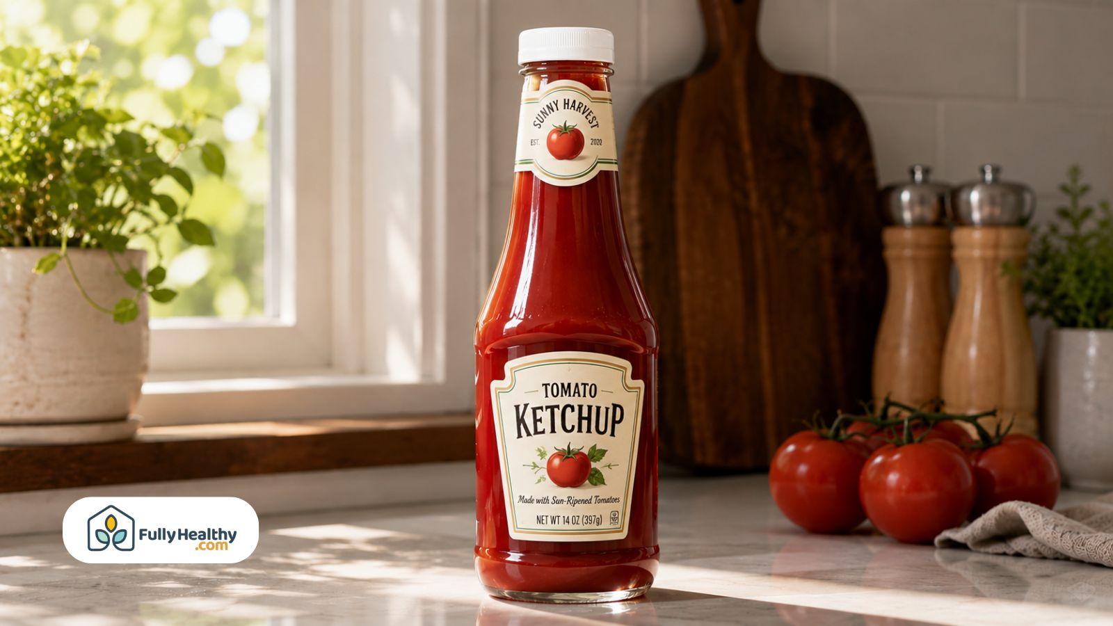 Glass ketchup bottle on a sunlit kitchen countertop with fresh tomatoes and natural morning light.