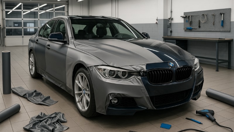 A BMW being wrapped in a vinyl studio