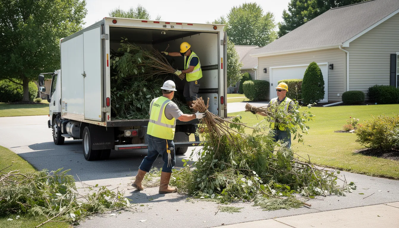 A team of crew members in work gear is actively loading branches and brush into a junk removal truck as part of yard waste collection efforts. The scene highlights the hard work involved in managing yard waste and debris for residents in Connecticut.