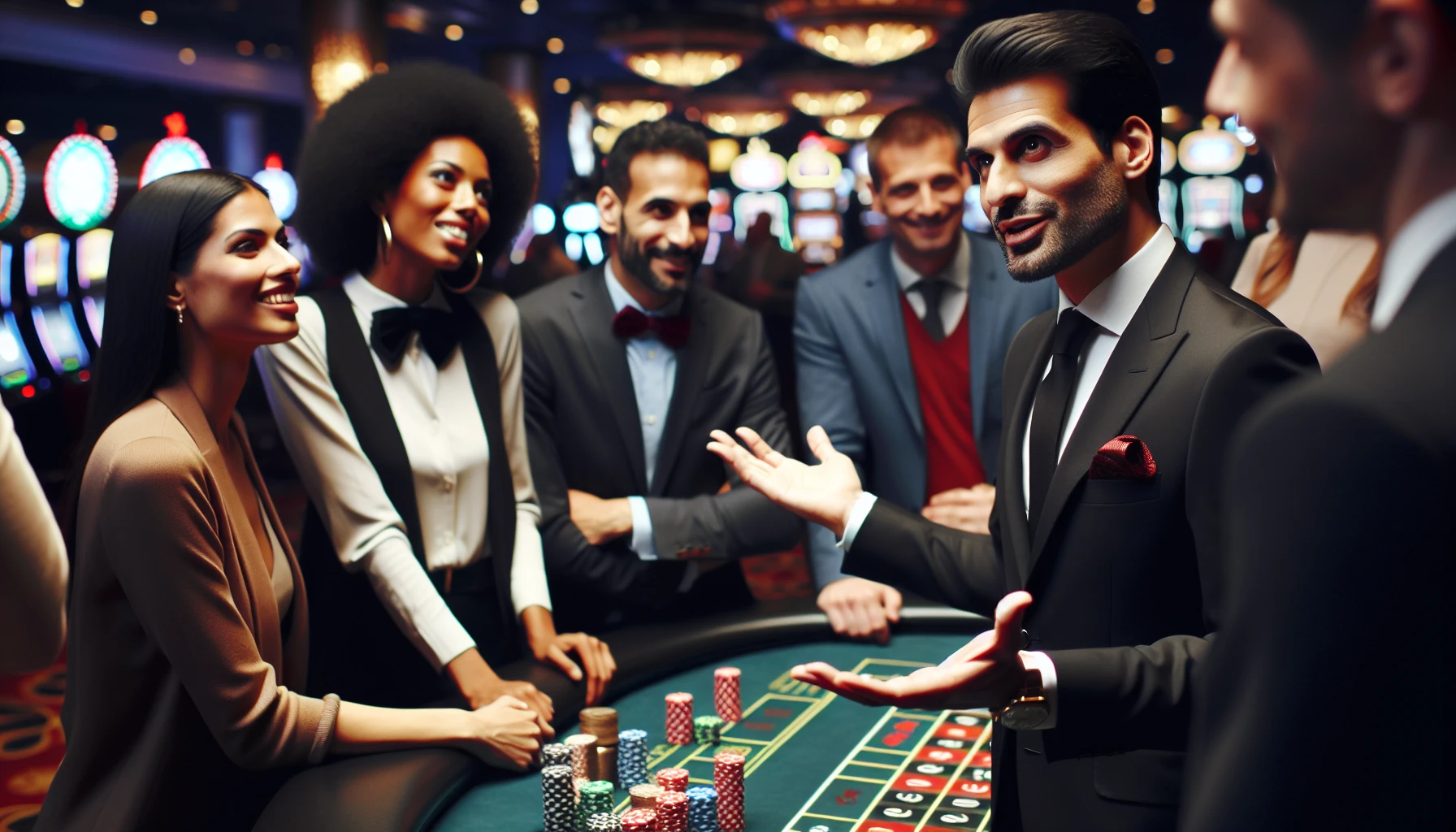 Illustration of a casino dealer networking with industry professionals at a casino event