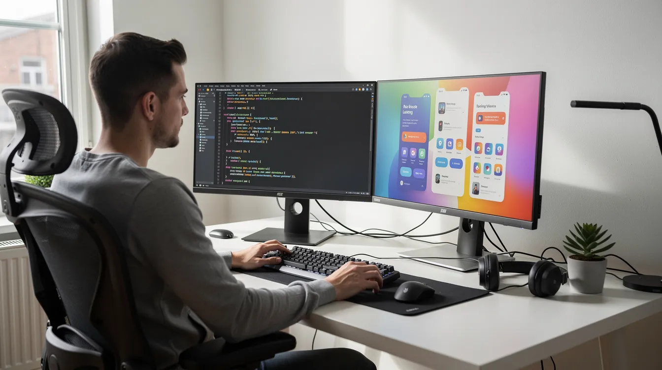 A developer at a desk with code on two monitors