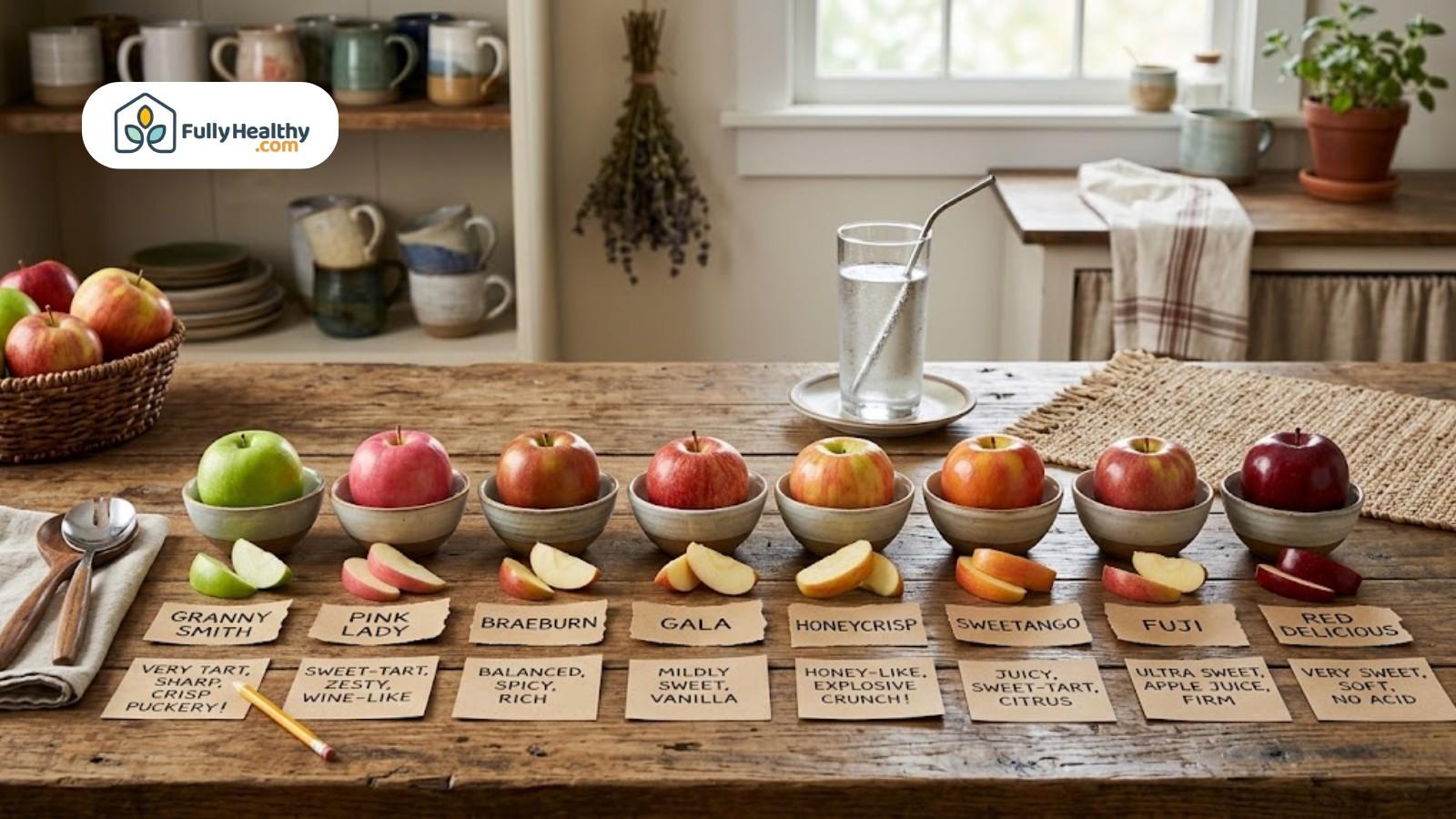 Variety of apples labeled by type with tasting notes on table