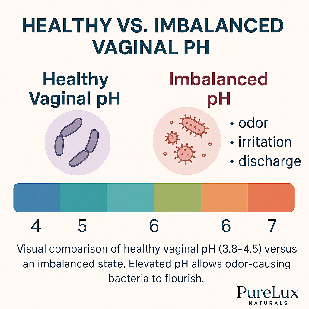 Side-by-side illustration showing balanced vaginal pH versus imbalanced pH with corresponding symptoms like odor, discharge, and irritation