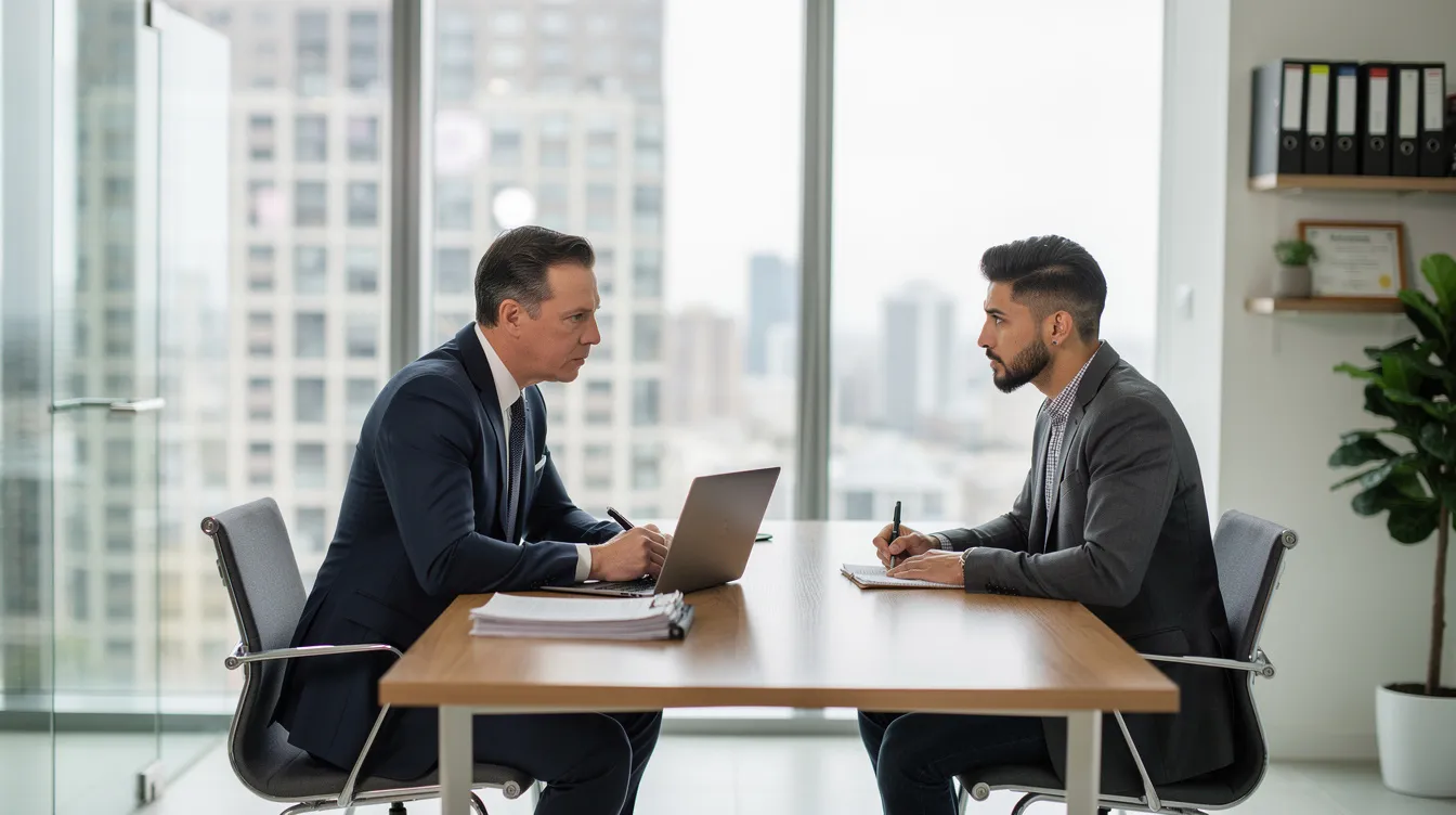 The image depicts a lawyer and a business owner engaged in a discussion across a sleek desk in a modern office, focusing on the complexities of business contracts and potential legal disputes. Their conversation highlights the importance of clear expectations and contractual obligations in protecting the interests of both parties involved.