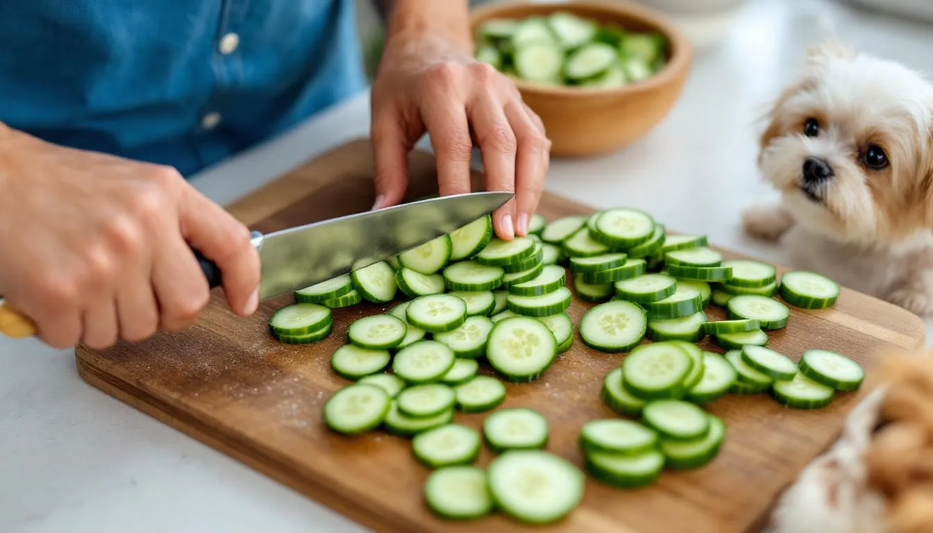 Fresh cucumbers are being sliced into thin, bite-sized pieces, ideal for dogs to enjoy as a healthy snack. These cucumber slices provide a refreshing treat that is safe for most dogs, promoting hydration and offering health benefits.