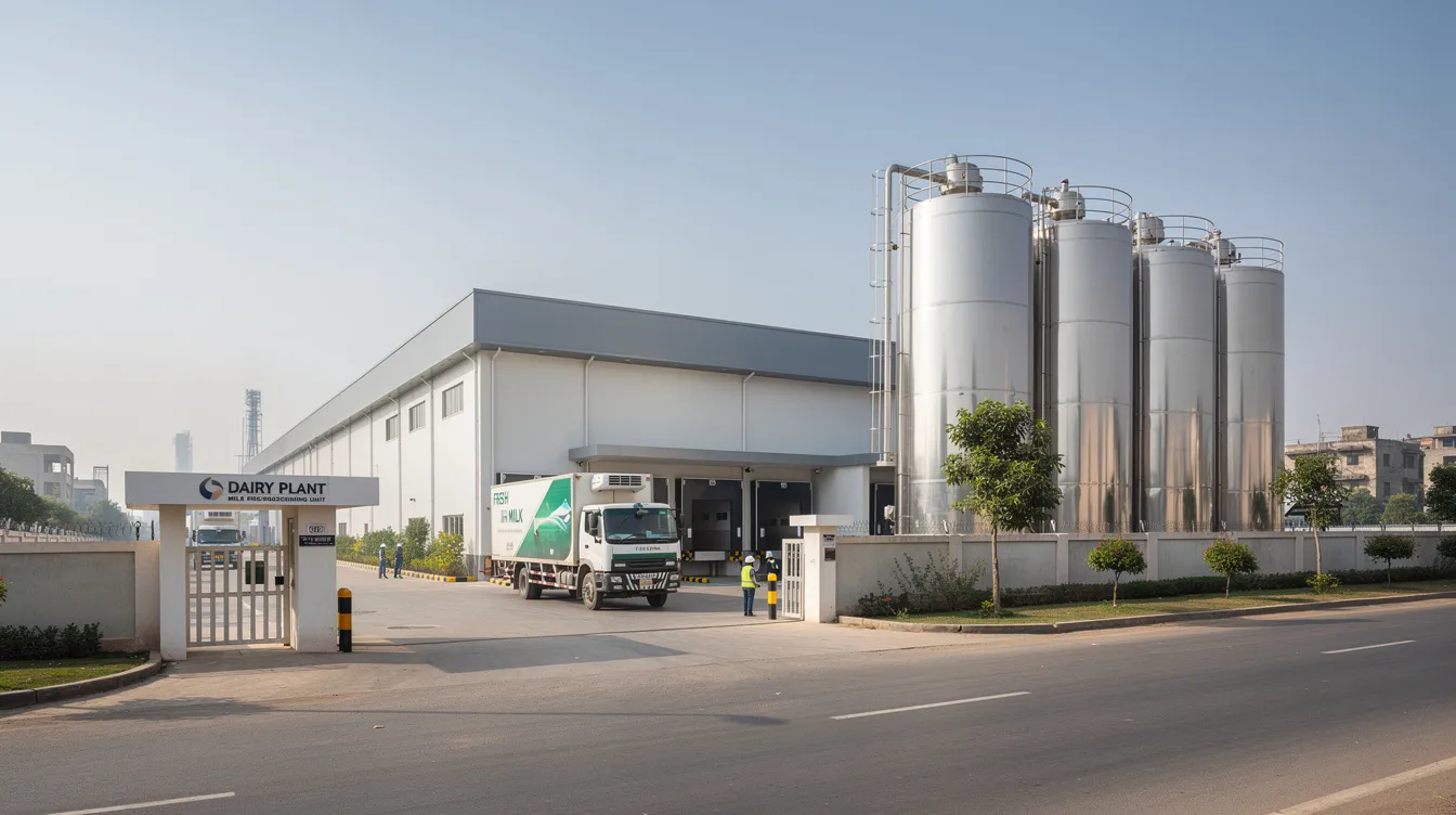 933066d2 070f 45aa bdc4 fe831cd3e043 The image depicts a modern dairy processing plant in India, featuring stainless steel silos and a delivery truck, illustrating the advanced infrastructure involved in dairy processing. This facility is essential for producing milk products, including UHT milk, and supports local dairy farming and cooperatives.