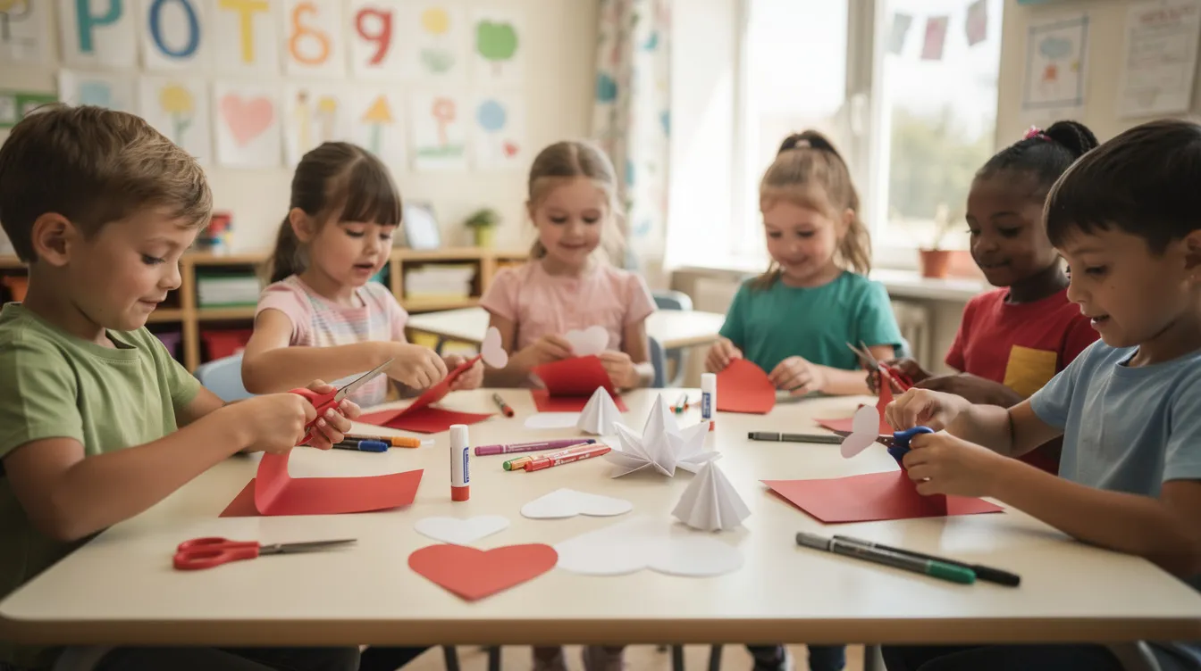 A group of children are gathered around a classroom table, enthusiastically creating red and white paper crafts in preparation for Singapore's National Day celebrations. Their joyful expressions reflect the spirit of unity and creativity associated with this festive occasion.