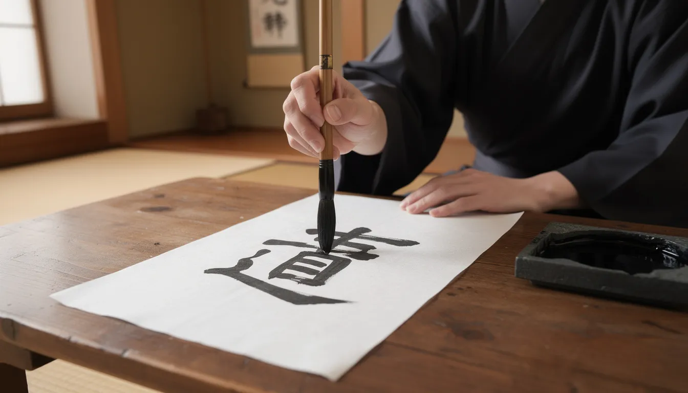 A person is focused on practicing Japanese calligraphy, using a brush and ink to create beautiful characters. The scene captures the essence of learning the language, with the potential for making mistakes as they translate their thoughts into written words.