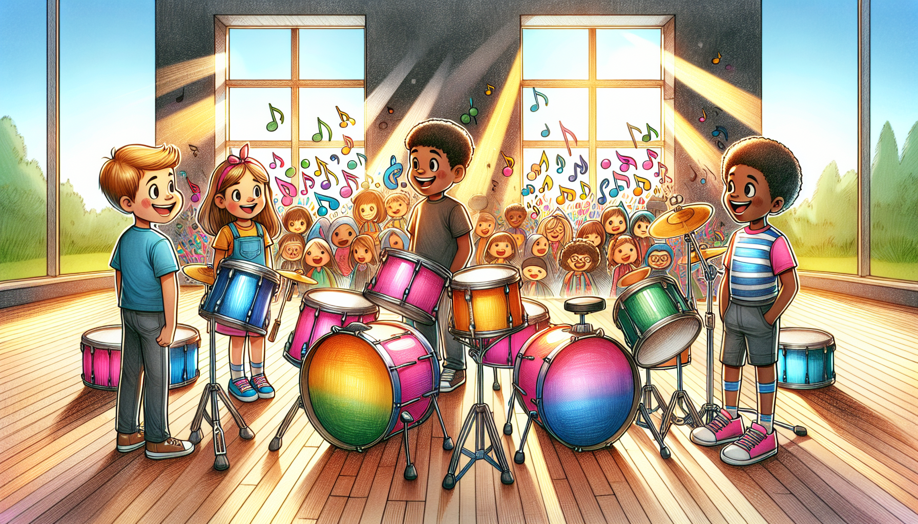 An illustration of affordable drum sets designed for students, showcasing a fun and inviting atmosphere.