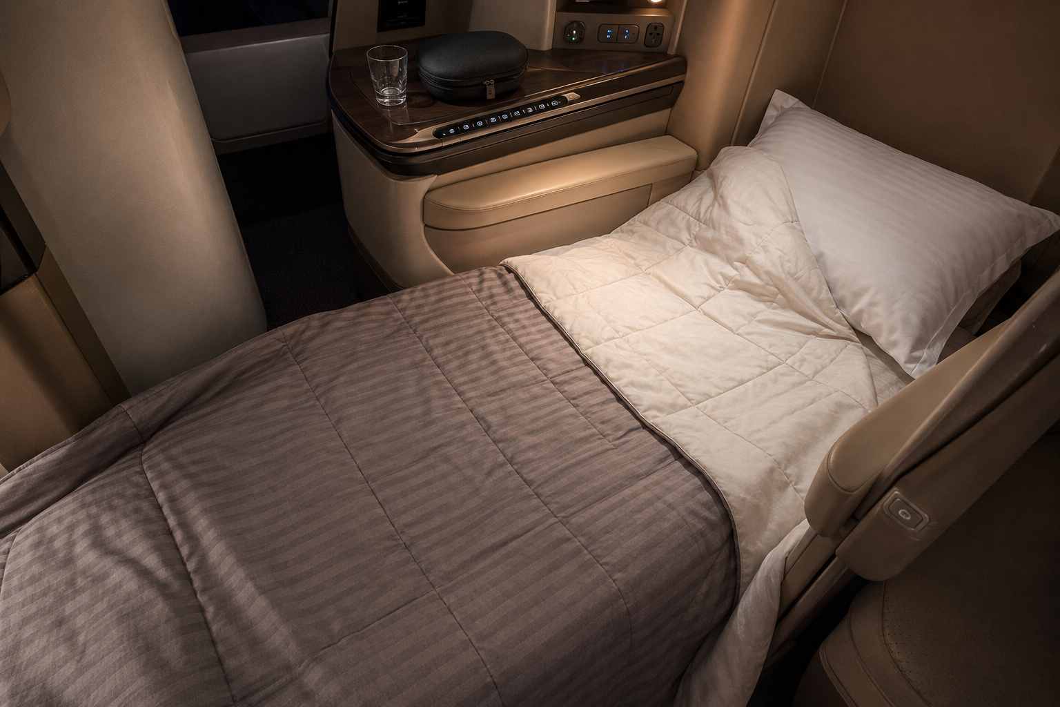 Business class suite with a fully flat bed, navy bedding, white and blue pillows, high privacy walls and wood-trimmed surfaces beside an aircraft window.