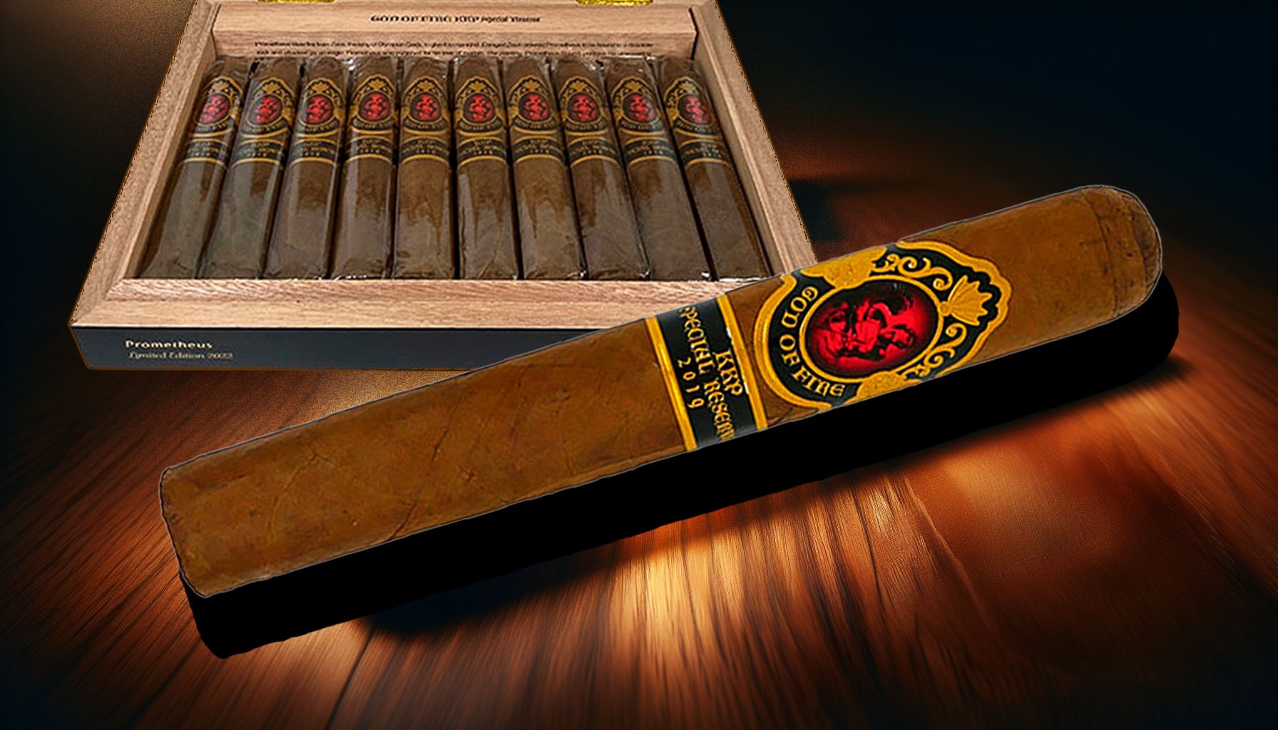 An artistic representation of the God of Fire KKP Special Reserve Gran Toro cigar, symbolizing rich flavor.