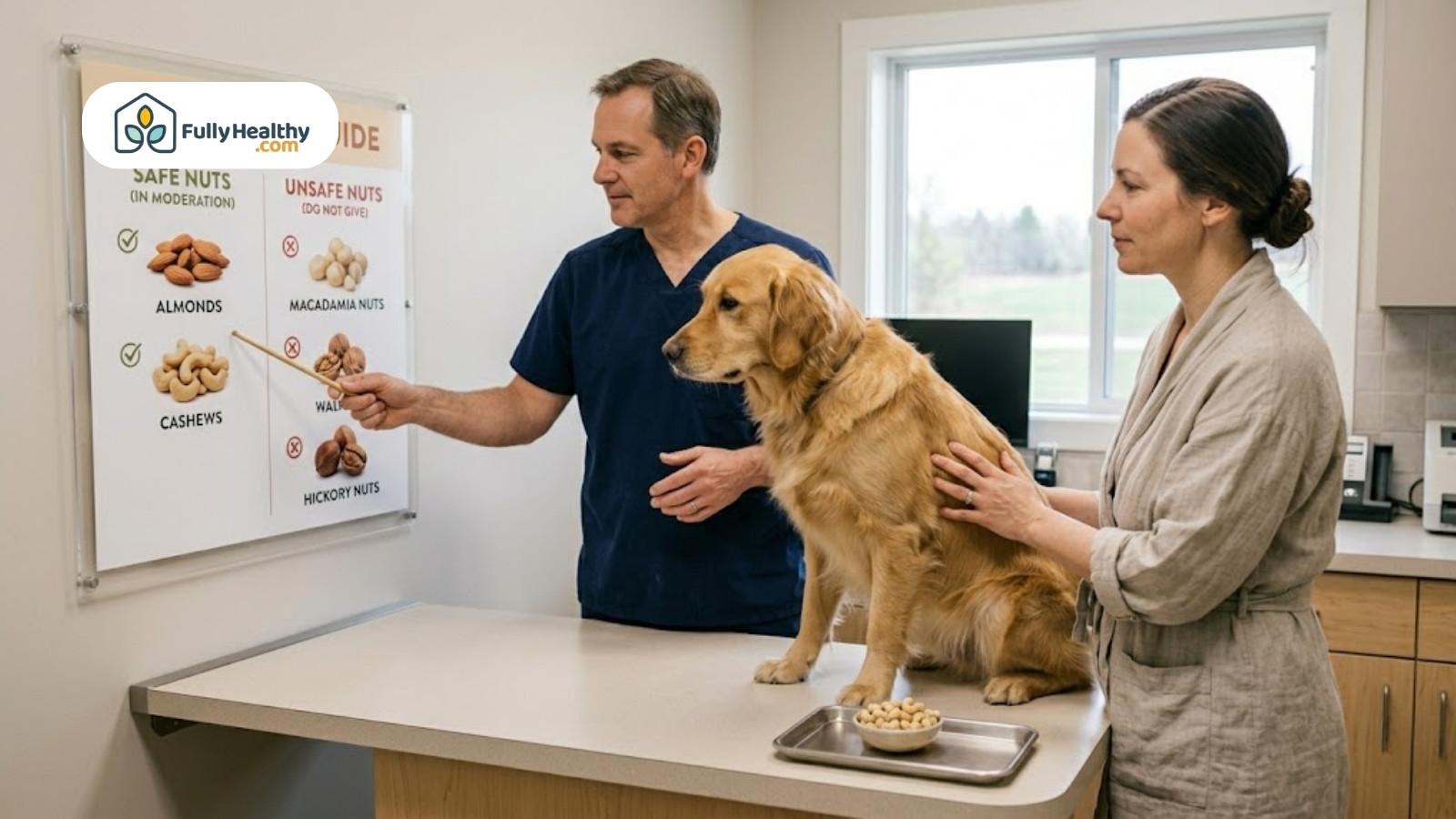 Veterinarian explains safe and unsafe nuts to dog owner with pet