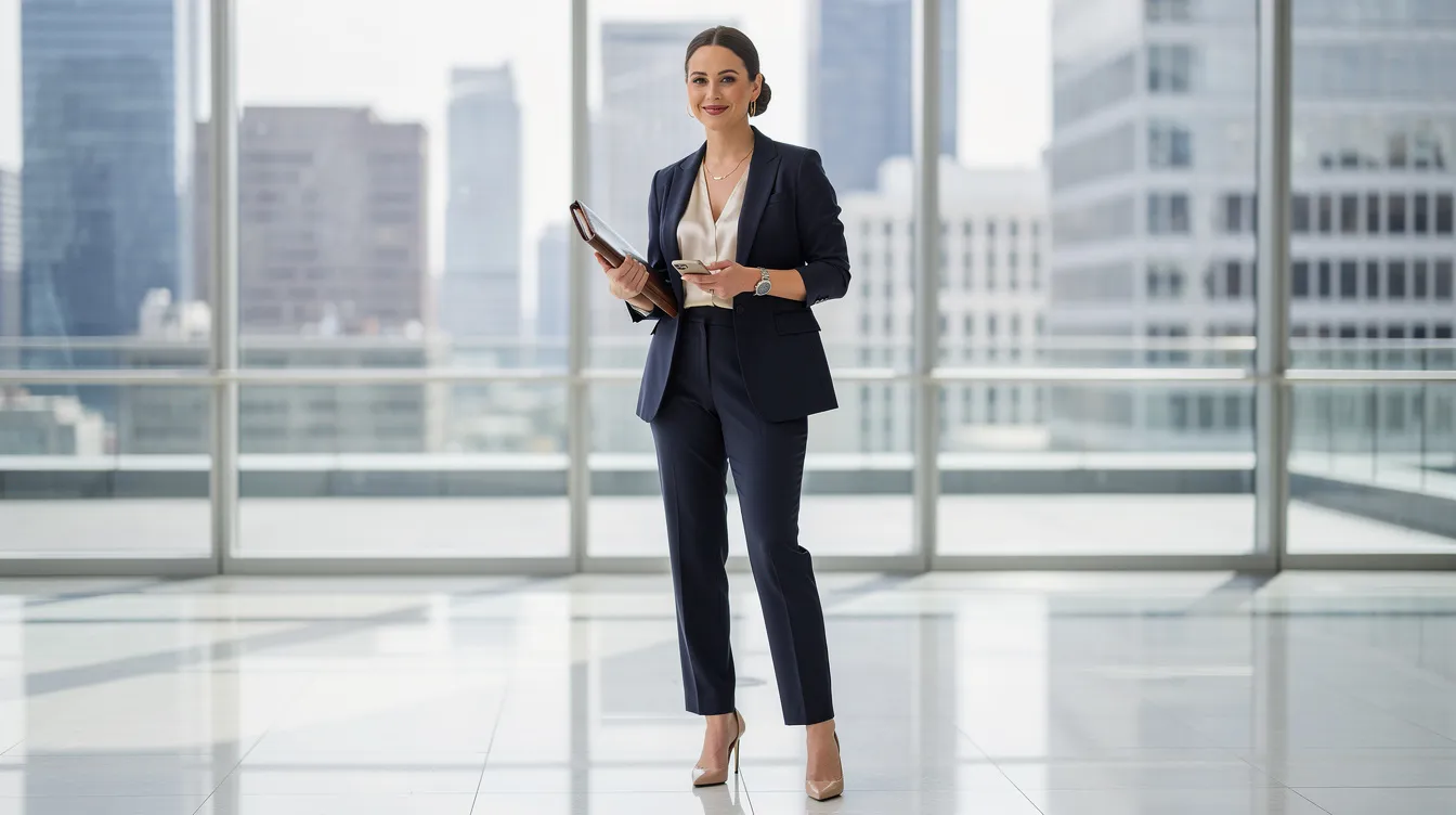 The image depicts a high-value woman dressed in a professional outfit, exuding confidence and self-respect. She embodies traits of personal growth and self-awareness, representing the essence of a fulfilling life and healthy relationships in today's society.