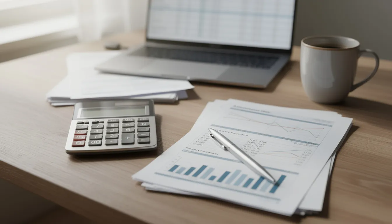 A calculator sits alongside various financial documents on a desk, symbolizing the essential tools for real estate investing and property analysis. This setup reflects the organized approach needed for aspiring investors and real estate professionals to achieve financial freedom through effective investment strategies.