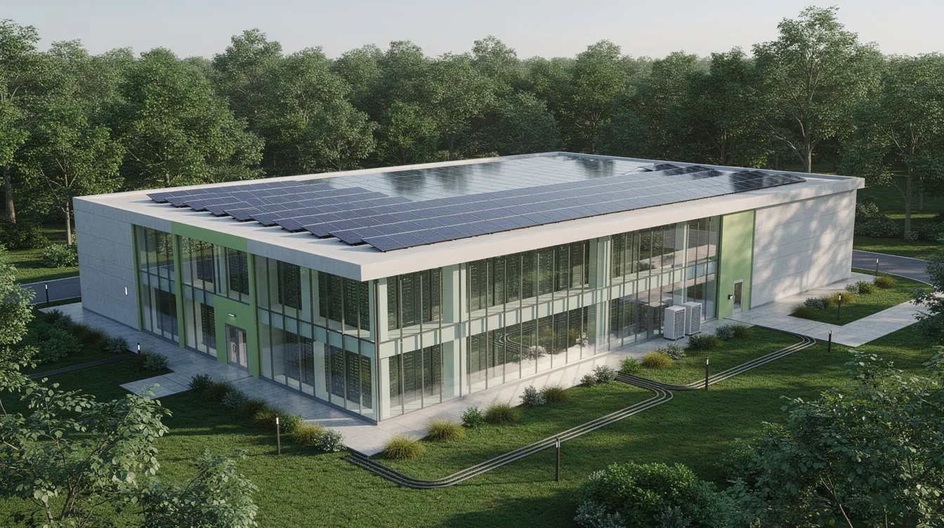 Das Bild zeigt ein grünes Rechenzentrum, das von hohen Bäumen umgeben ist und auf dessen Dach Solarpanels installiert sind. Diese umweltfreundliche Anlage könnte als Hosting Anbieter für WordPress Webseiten dienen und bietet möglicherweise Dienstleistungen wie SSL Zertifikate und Managed WordPress Hosting an.
