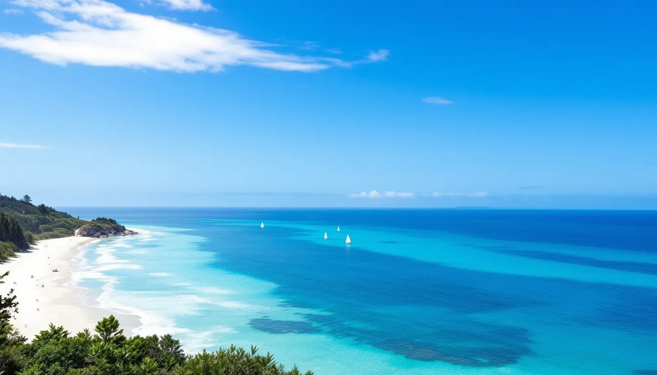 A beautiful view of the sunshine coast with white sand beaches.