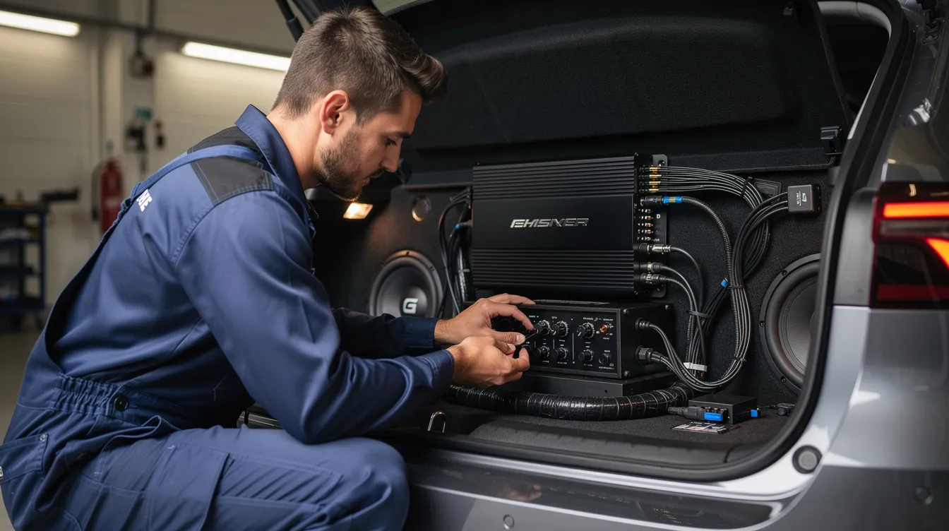 A technician is seen adjusting the gain setting on a car amplifier located in the trunk of a vehicle, using a digital multimeter to measure the output voltage and ensure optimal performance. The scene emphasizes the careful tuning of audio settings to achieve the desired sound quality and power output for the vehicle's audio system.