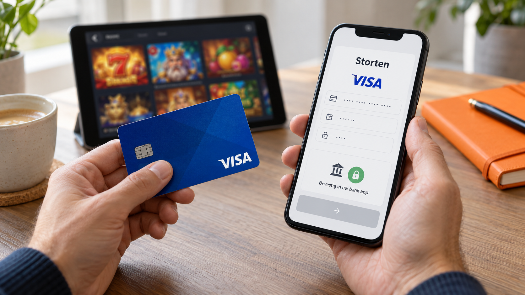 Persoon houdt een Visa-kaart vast en bekijkt de bevestiging van een casinostorting op een telefoon.
