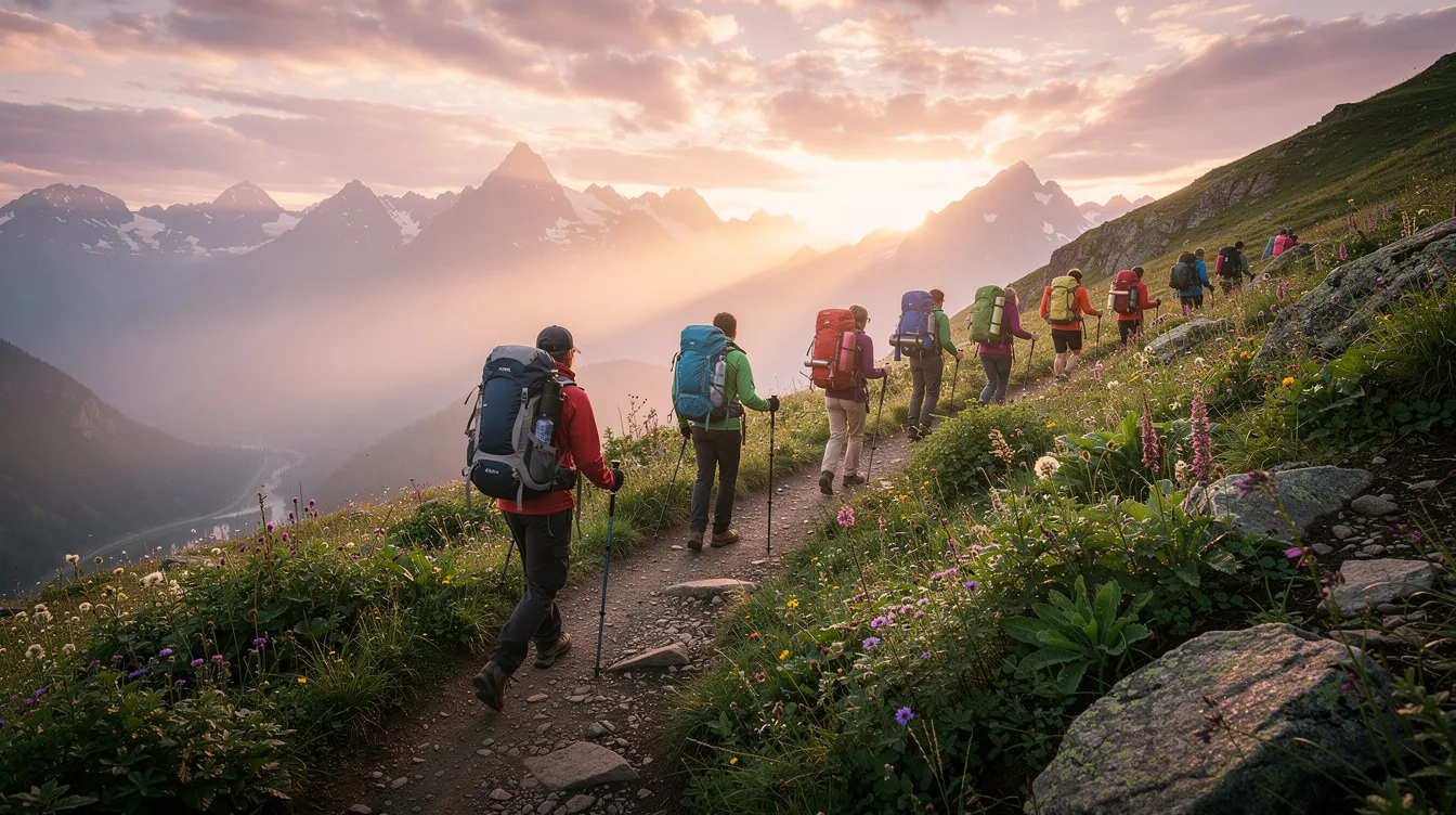 A group of diverse individuals is hiking along a lush mountain trail at sunrise, surrounded by vibrant greenery and the soft glow of morning light. This scene captures the essence of the digital nomad lifestyle, where adventurers seek new locations and experiences while balancing work and mental health.