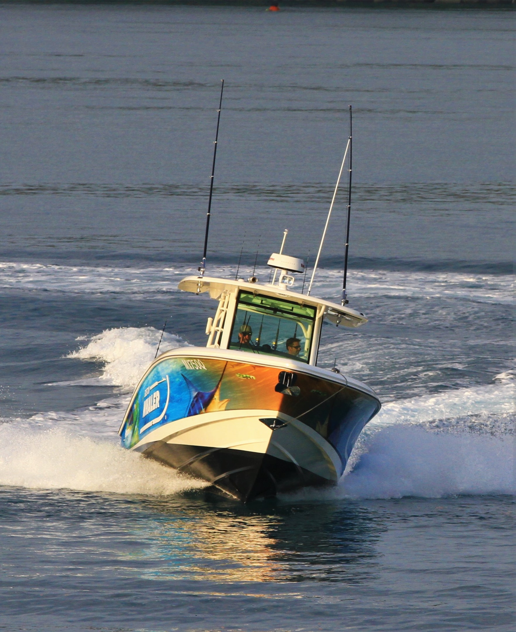 This 350 Outrage was fitted with a premium Raymarine electronics package with open array antenna and rocket launchers