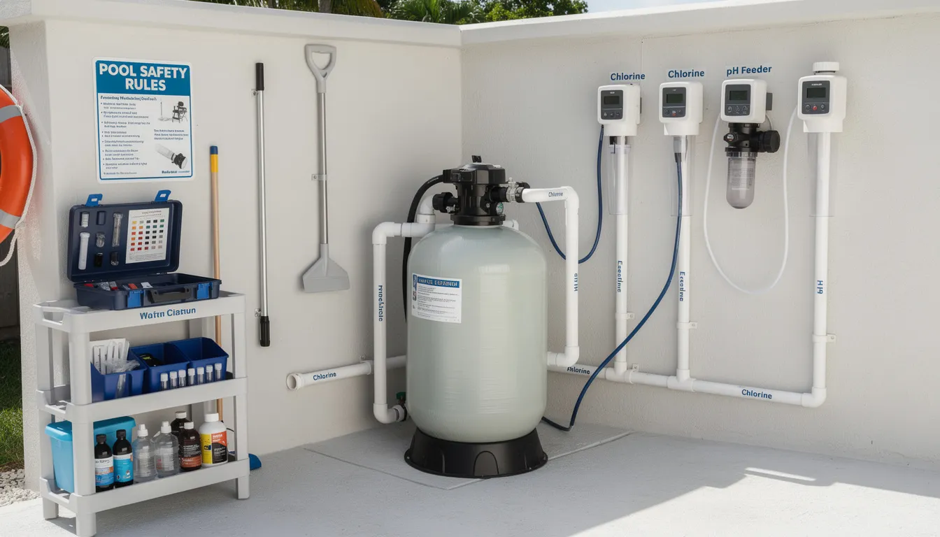 The image showcases a well-organized pool equipment setup, featuring automatic chemical feeders, a testing kit, and safety equipment, essential for maintaining proper pool water chemistry in residential pools. This arrangement aids pool owners in managing pool chemicals effectively, ensuring a safe and enjoyable swimming experience.
