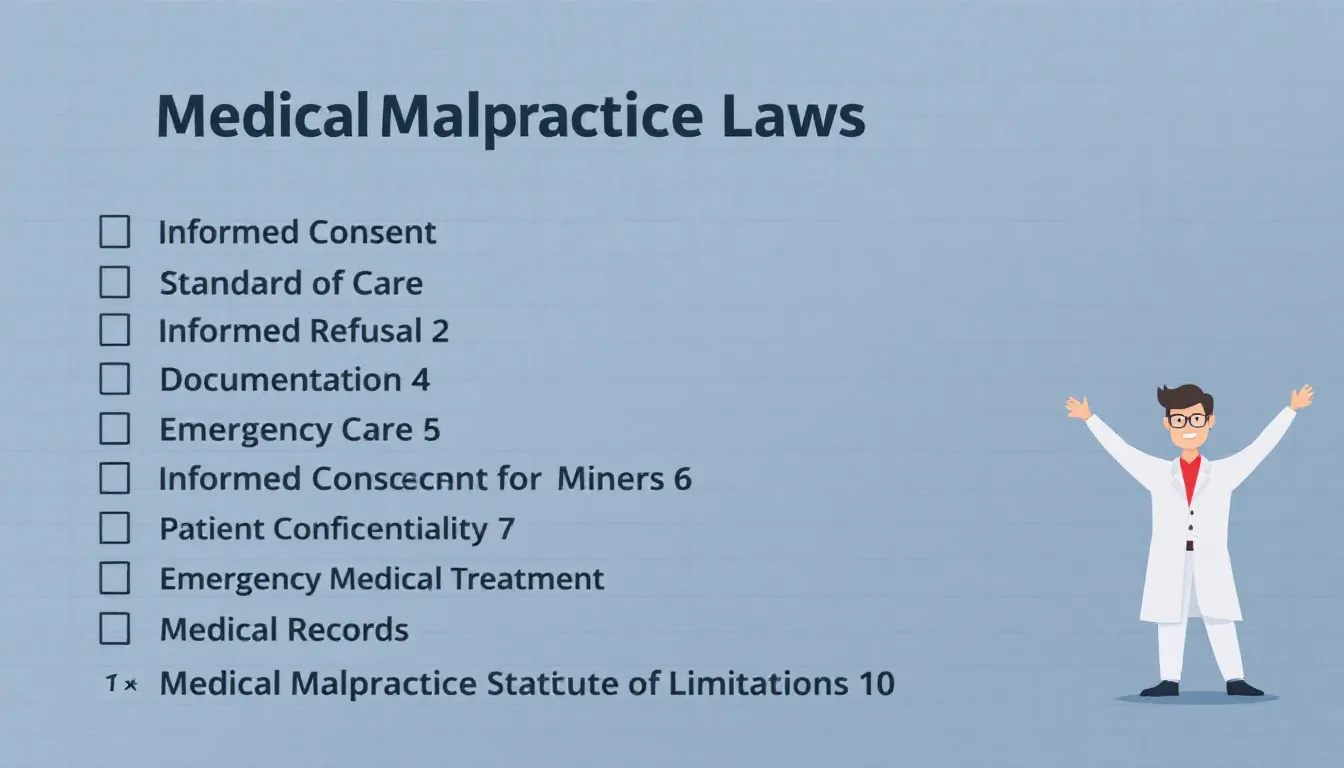 A checklist titled "Medical Malpractice Laws" is prominently displayed at the top, containing various items related to medical malpractice claims, legal processes, and the rights of medical malpractice victims. This image serves as a resource for individuals seeking information on medical malpractice lawsuits and the necessary steps to take when suspecting medical negligence by healthcare providers.