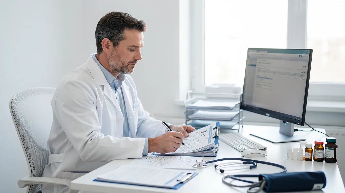 A medical professional in a white coat is seated at a desk, carefully reviewing patient documents in a clinical setting, highlighting the importance of accurate medical records in addressing potential medical malpractice claims. This scene underscores the critical role healthcare providers play in ensuring proper diagnosis and treatment for patients.