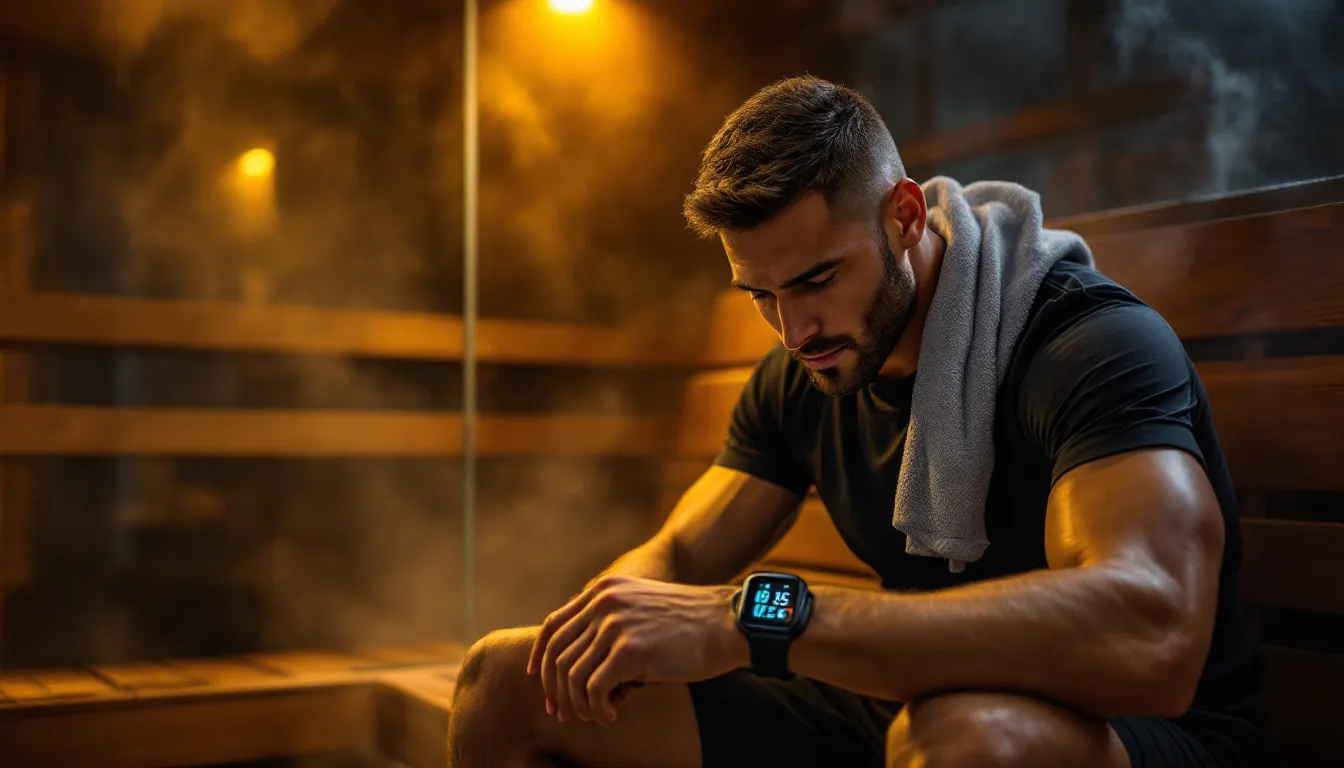 A modern athlete is seen timing their sauna session with a sports watch after an intense workout, emphasizing the importance of post-exercise sauna bathing for muscle recovery and growth. The image captures the athlete's focus on maximizing blood flow and promoting muscle hypertrophy through heat exposure.
