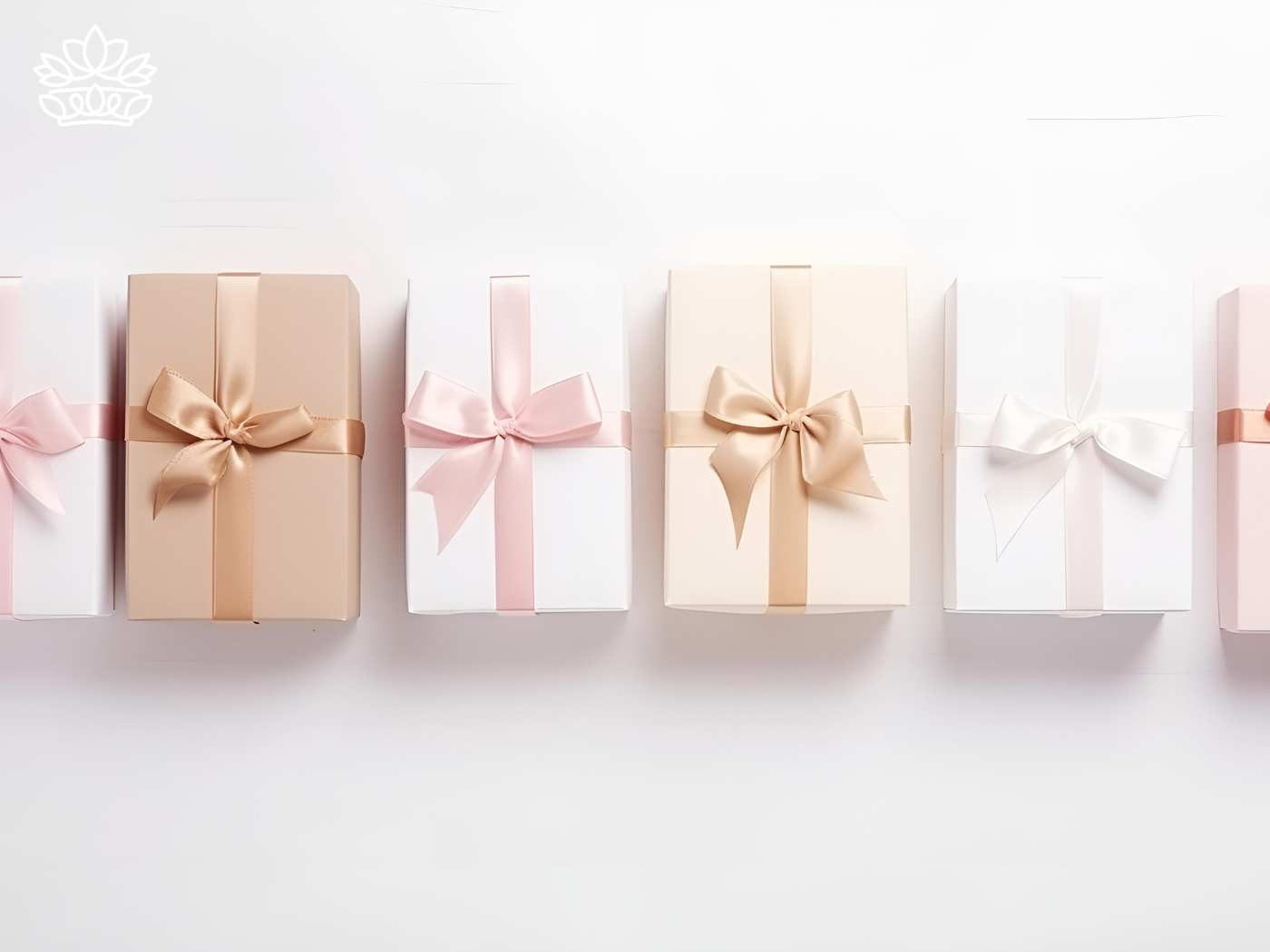 A neat arrangement of gender-neutral gift boxes in classic white and beige, tied with satin ribbons, perfect for holidays, practical for kids, and a thoughtful choice for a friend, featuring the Gender Neutral Gift Boxes Collection at Fabulous Flowers and Gifts.
