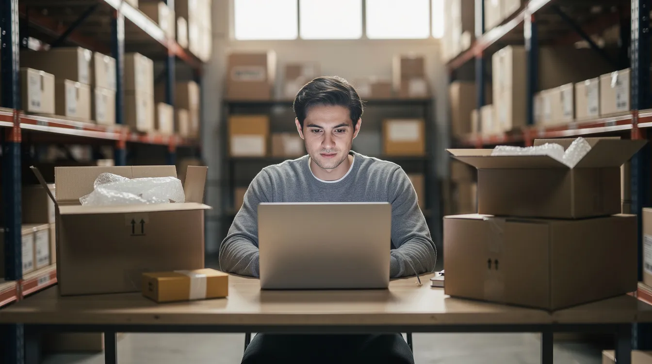 A person is focused on their laptop, surrounded by shipping boxes and a warehouse in the background, illustrating the environment of a dropshipping business. This scene reflects the hard work and marketing skills required to run a successful dropshipping model, emphasizing the importance of reliable suppliers and product quality.