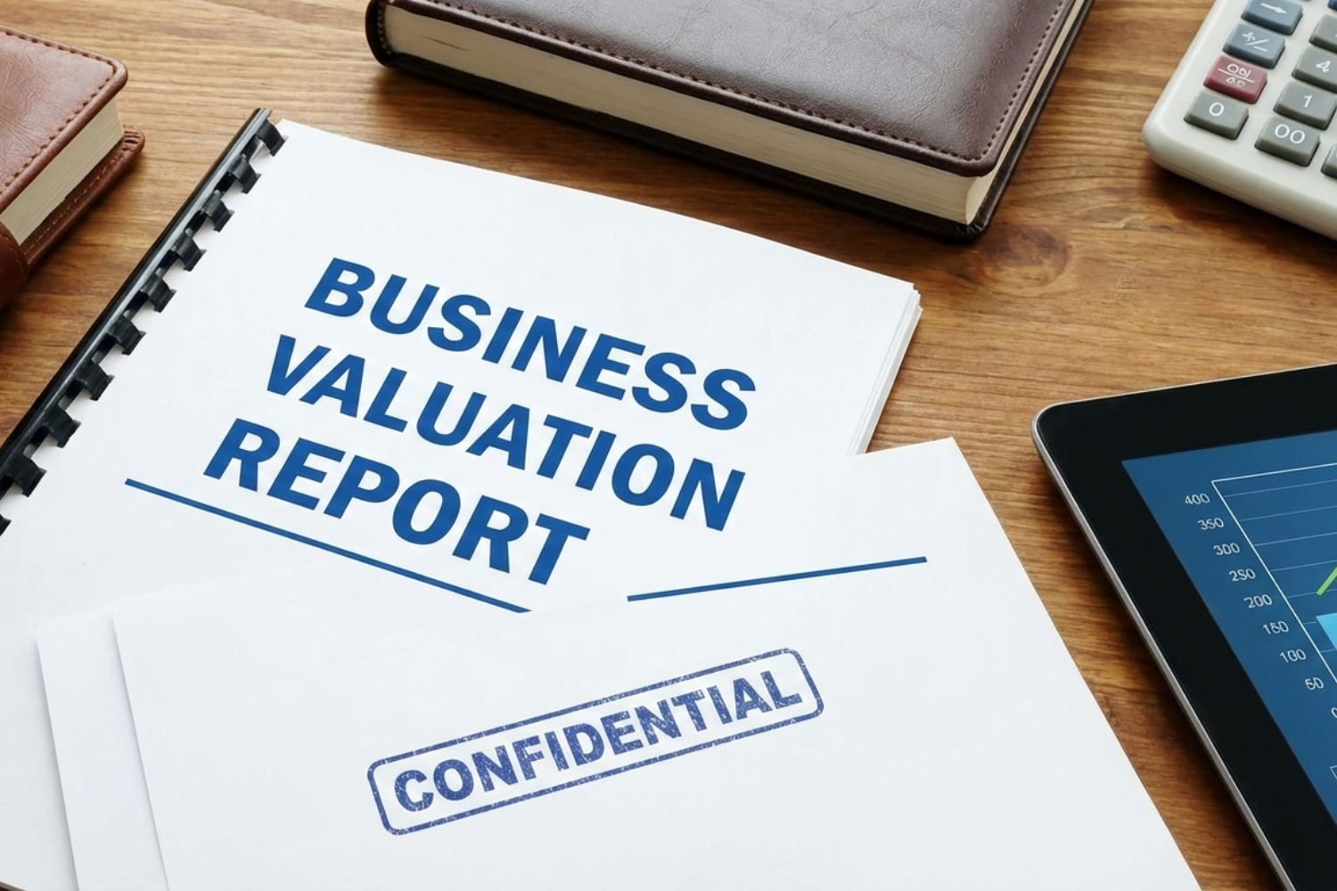 A business valuation report and a confidential document sit on a desk with a tablet, calculator, and notebook.
